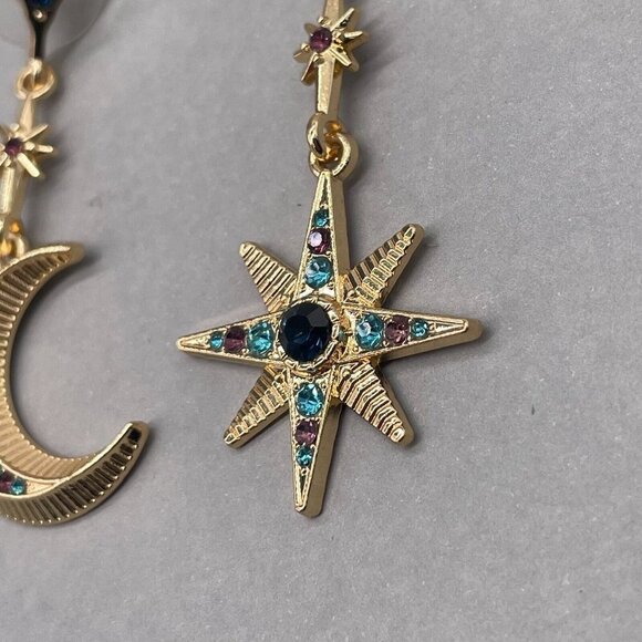 Moon & Star Multicolor Rhinestone Long Dangle Drop Earrings Gold Tone - Picture 3 of 7